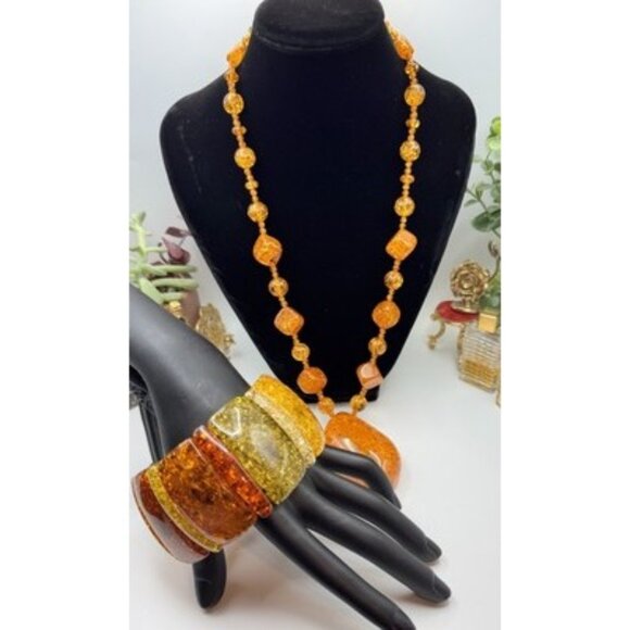 Chunky Ambar Lucite Necklace & Bracelet Large Glitter Set ArtDeco Styel 3 Tones - Picture 2 of 11